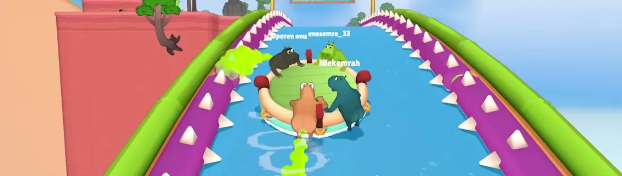 Four hippos on a shared raft with green fart gas in a purple-spike canal, online usernames above characters