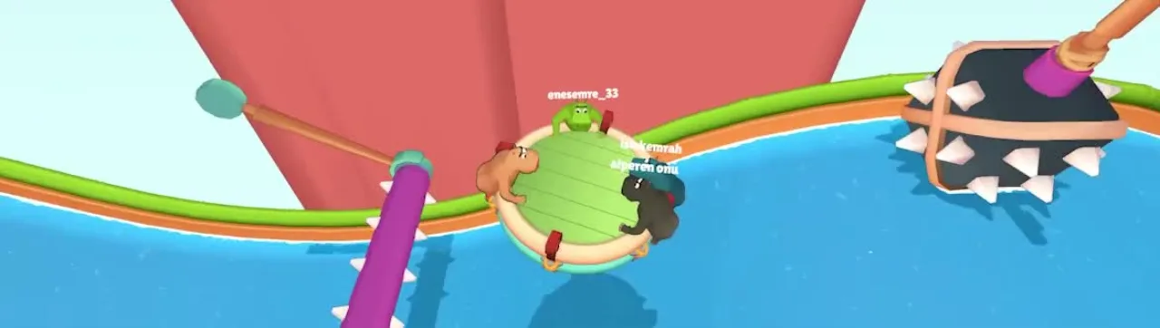 Four hippos tilt a shared round raft between a purple spiked bar and a spiked masher trap in a curved canal