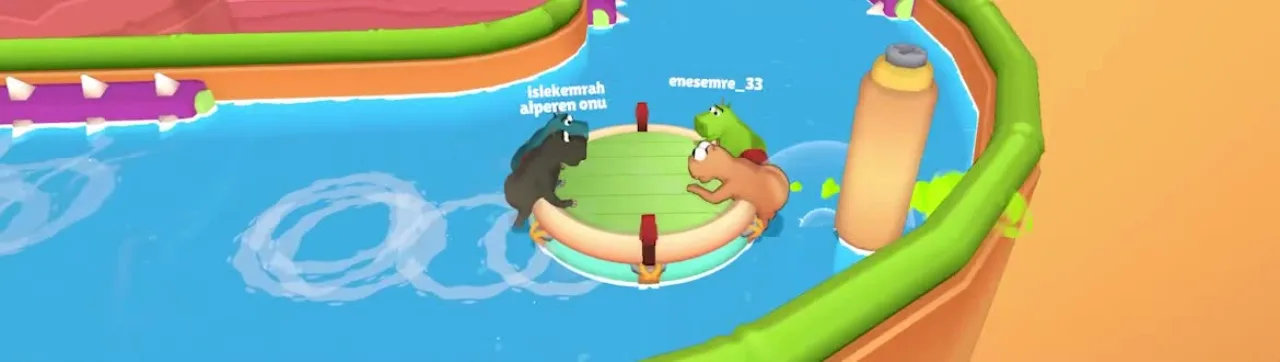 Three hippos on a raft with green fart propulsion in a narrow orange-walled canal