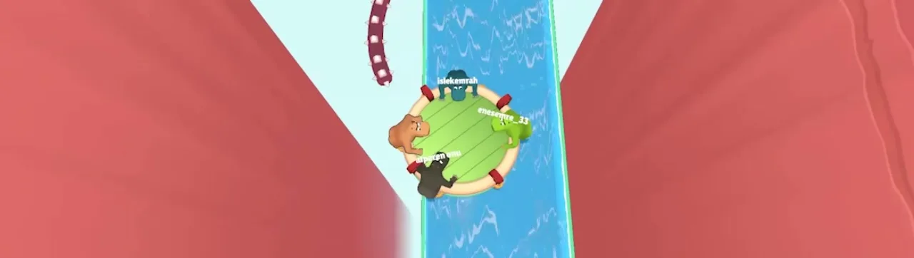 Four hippos on a green raft in a narrow blue canyon with usernames and a purple spiked hazard above the water