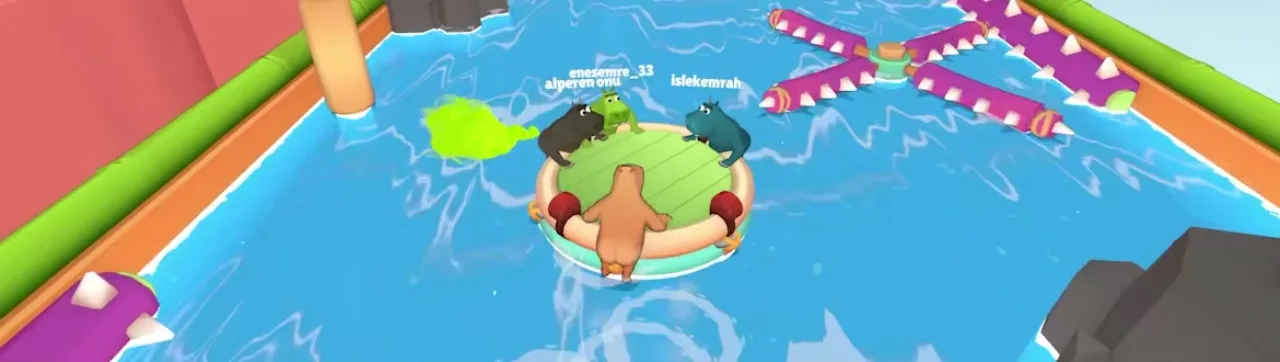 Four hippos on a raft between purple spike-lined canal walls with green fart trails in the water