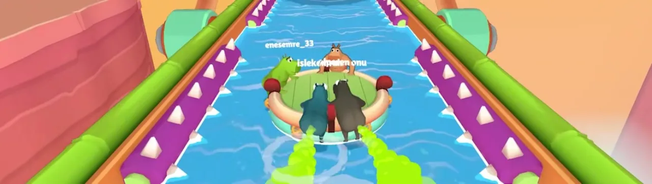 Four hippos emit green gas from a shared raft in a tight purple-spiked canal with online name tags visible
