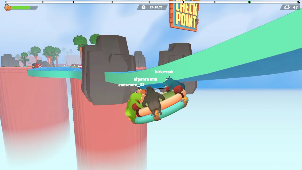 Four hippos on a raft under a CHECK POINT sign on an elevated teal water track above pink pillars