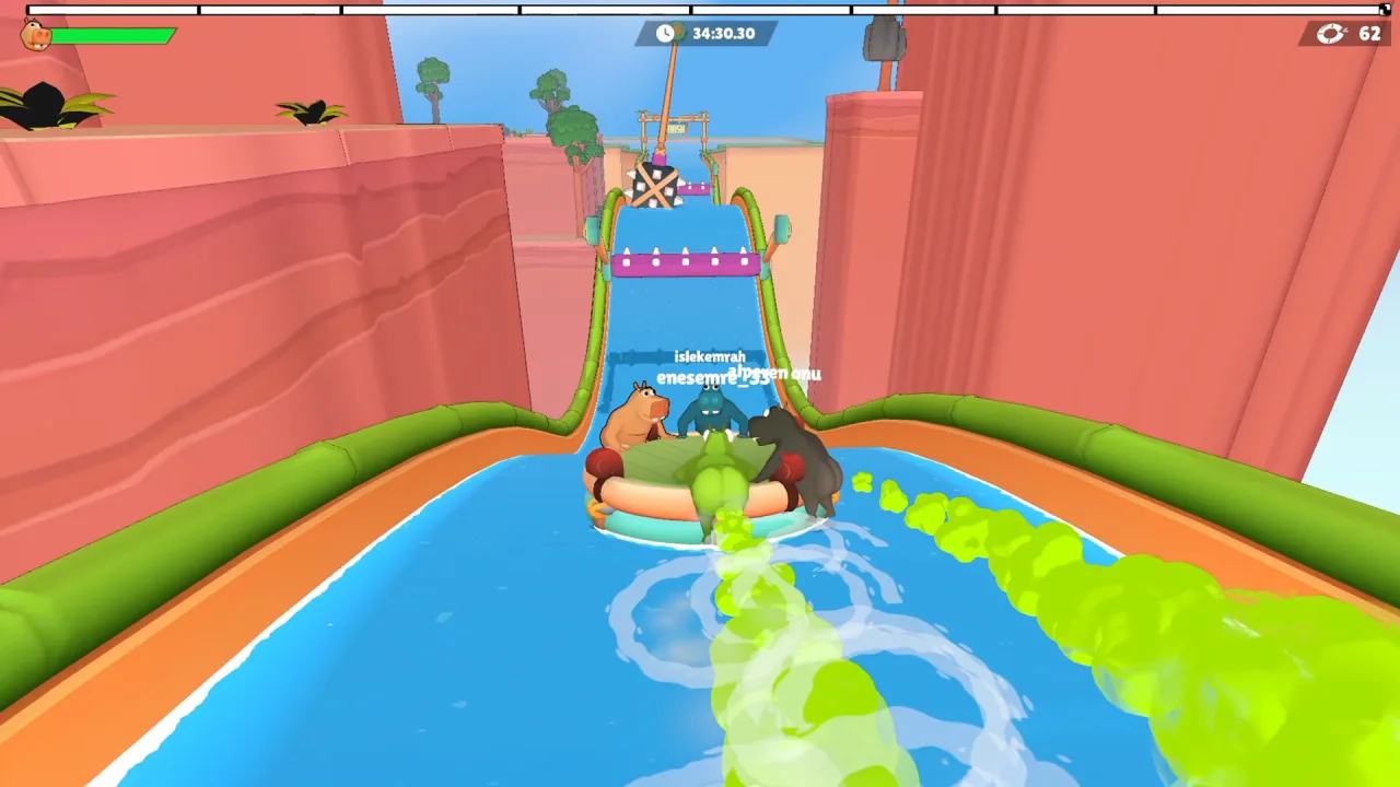 Four hippos on a raft approach a FINISH banner on a canyon water slide with HUD timer and progress bar visible