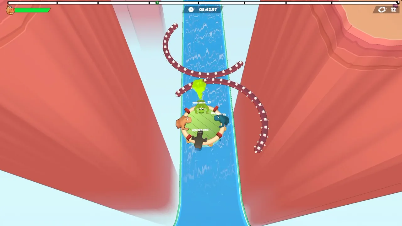 Four hippos on a shared raft between red canyon walls with curved purple obstacles hanging over the blue water track