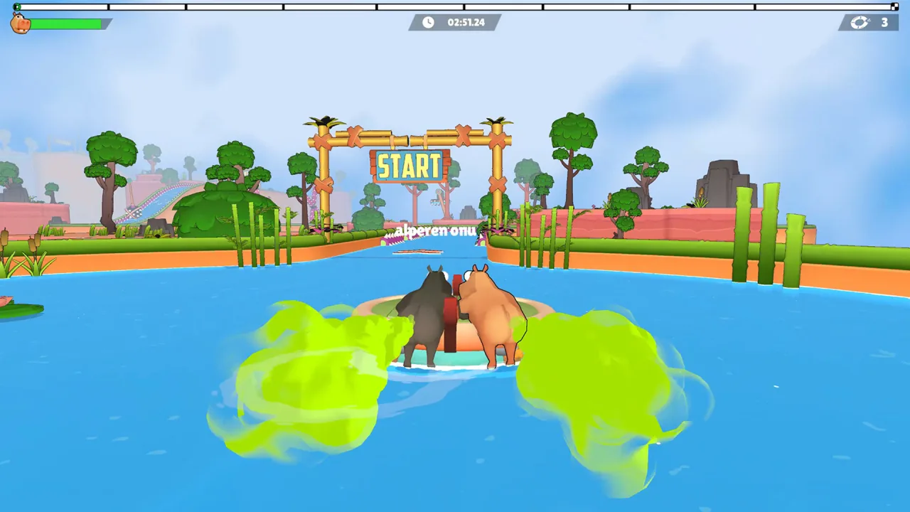 Two hippos on a raft at a bamboo START gate with green gas propulsion on a blue water canal
