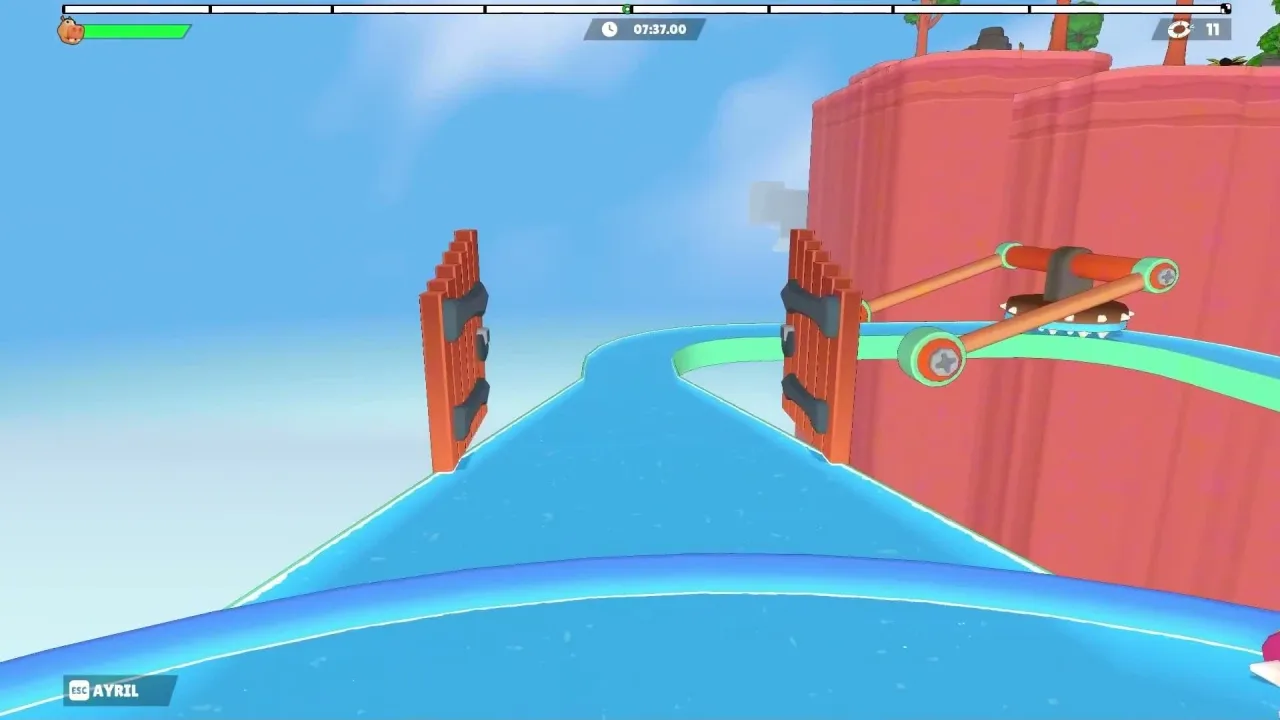 Race HUD with segmented progress bar and timer above a blue water slide approaching wooden gates