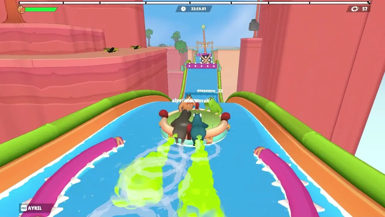 Four hippos on a water slide raft leave thick green gas trails past purple spiked pipe obstacles under a bright sky