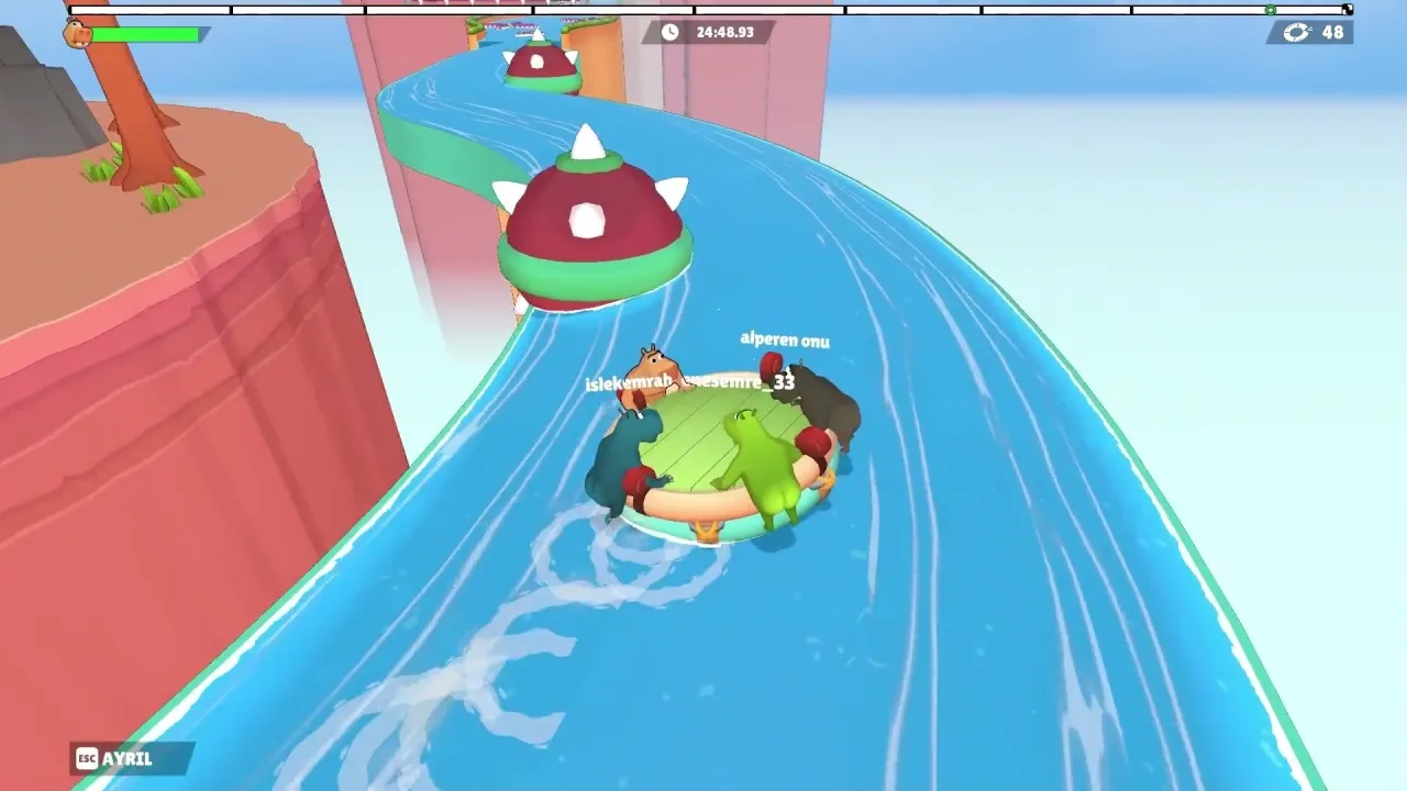 ESC and AYRIL prompt at bottom-left during a canyon water run with four players and a segmented top progress bar
