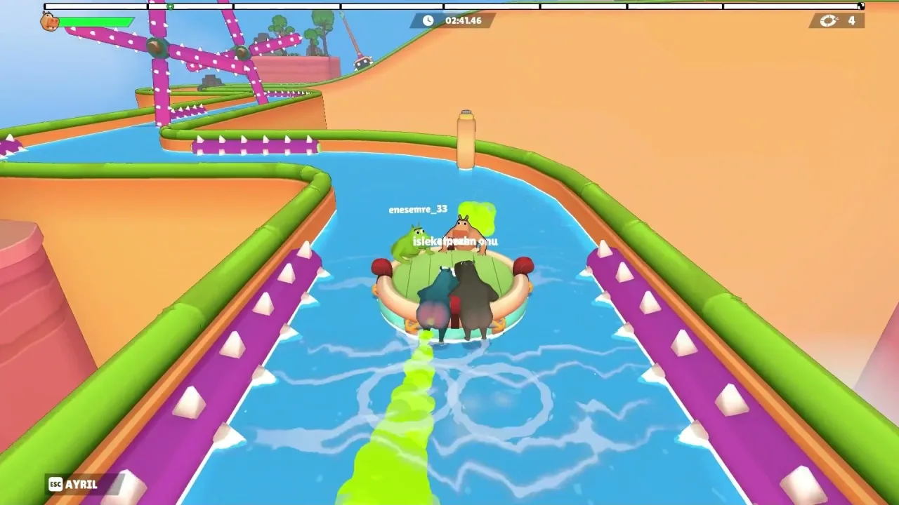 Four hippos navigate a purple-spike canal with green gas propulsion and online name tags visible