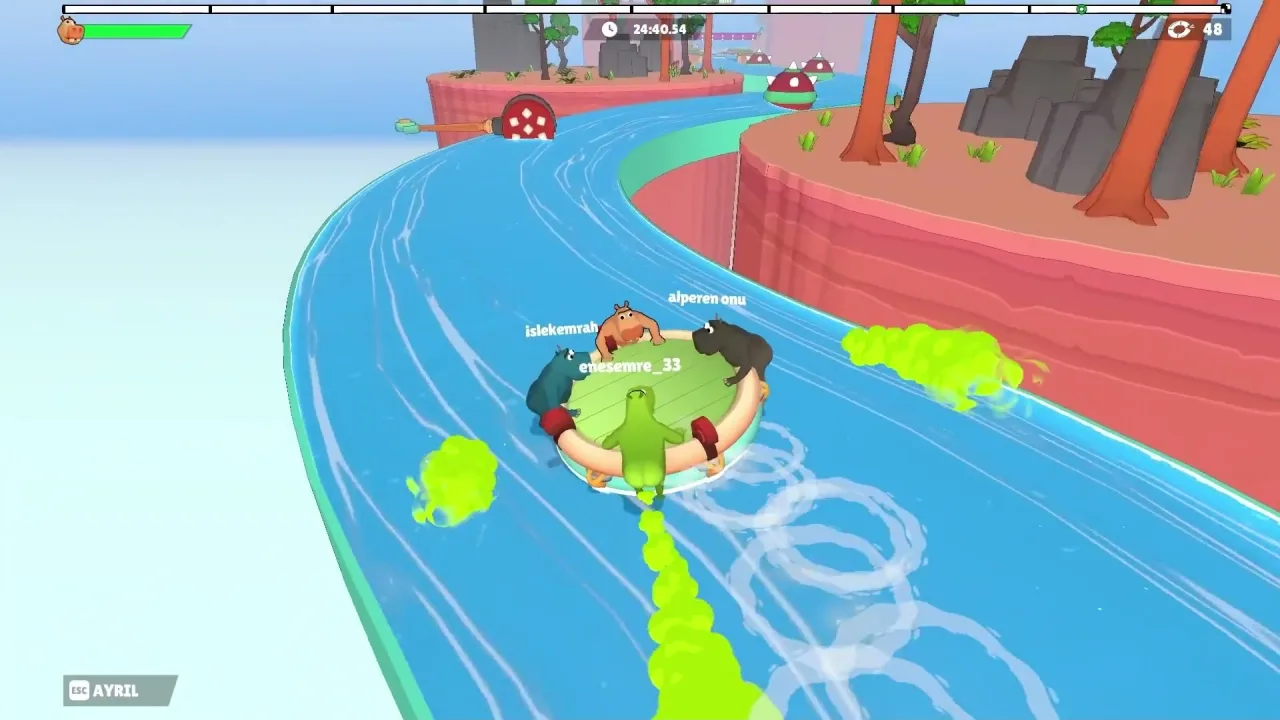 Four hippos on a raft pass a wooden gate toward a teal spiked masher trap on a canyon river course