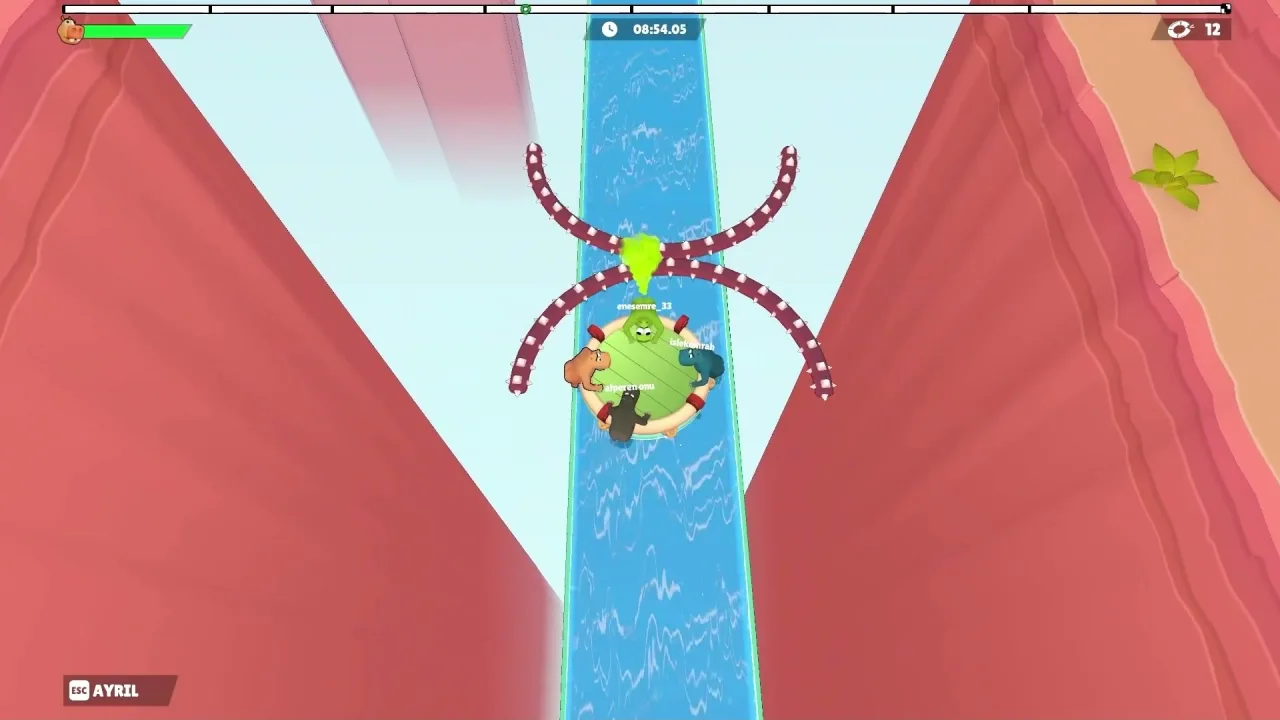 Top-down view of four hippos on a raft facing a purple X-shaped spiked gate in a narrow red canyon canal