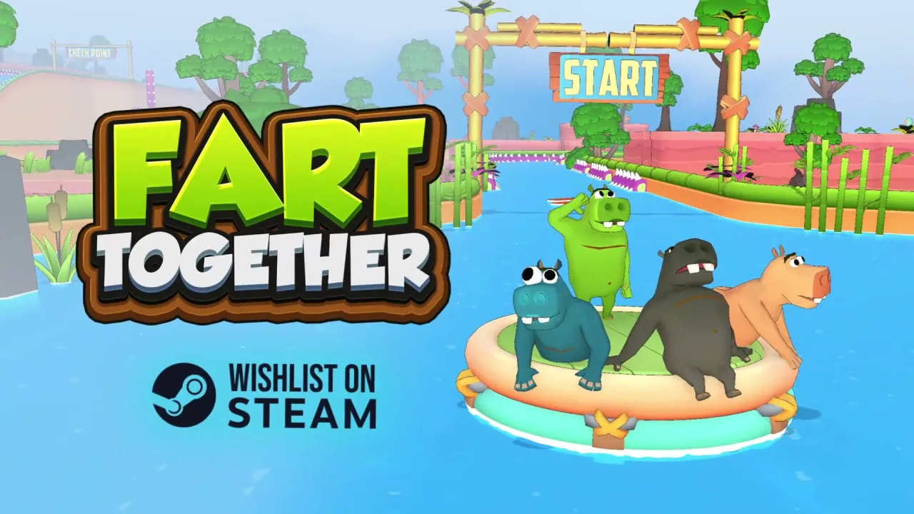 Official Fart Together title card with four hippos on a round raft at a bamboo START gate beside the game logo